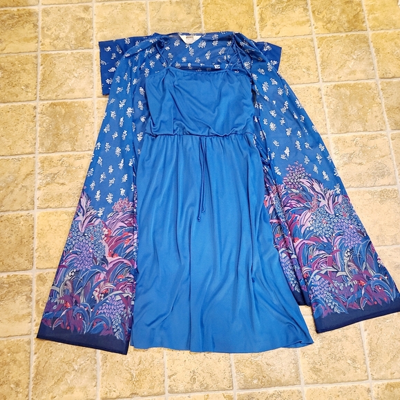 Vintage 70s Dress with Sheer Kimono Chiffon Wrap Floral - Picture 2 of 11